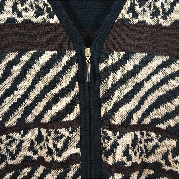 A Vintage Dylani Knitwear Zebra Leopard Print Brown Striped Full Zip Sweater L - Picture 3 of 10